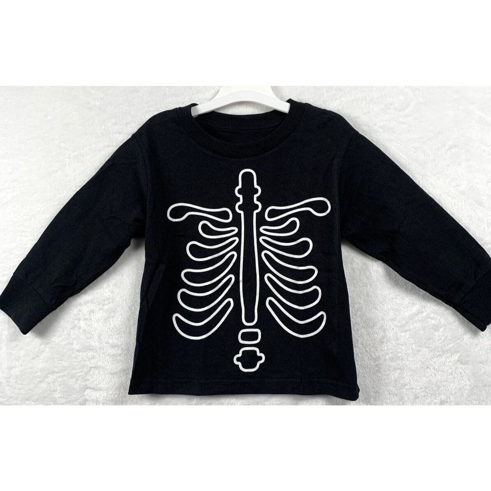 Kids Toddler Halloween Long Sleeve Glow in the Dark T-Shirt Skeleton Size 3T Blk